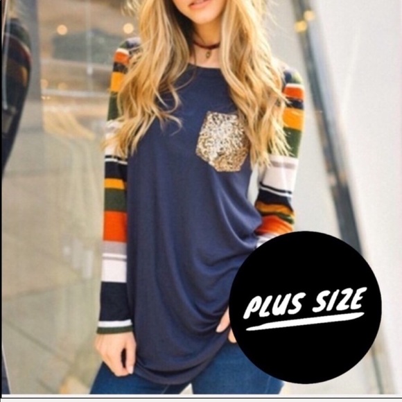 Plus Size Navy Multicolored Sequined Pocket Tee - Picture 2 of 4